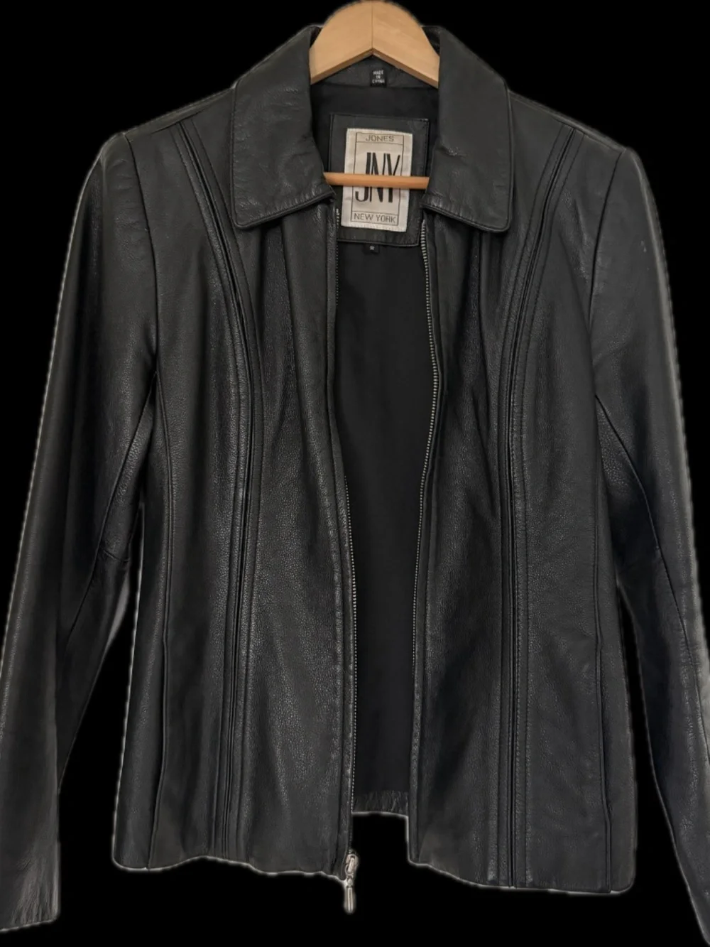 Jones New York 100% Leather Jacket Small Black Soft Zip Front Tailored - Picture 10 of 10